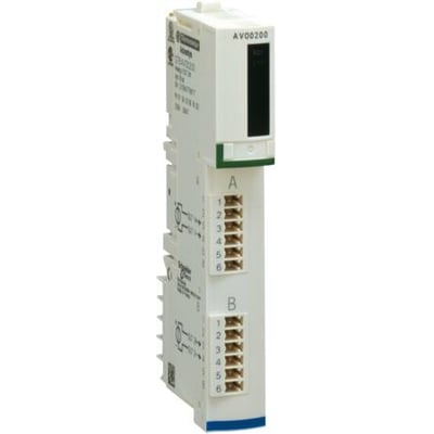 Schneider Electric STB KIT med 2 analoge udgange, model AV00200, viser tilslutningsklemmer A og B samt monteringsskinne.