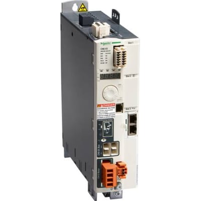 Schneider Electric Lexium LXM32 servodrev, 18A peak, 3x400V, vist fra siden med tydelige tilslutningsporte og advarselsmærkater.