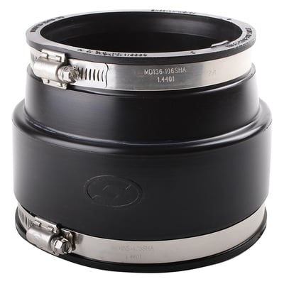 Robust Flex-Seal kobling i sort gummi med to rustfri stålklemmer til betonrør med diameter 100-115 mm og 185-210 mm.