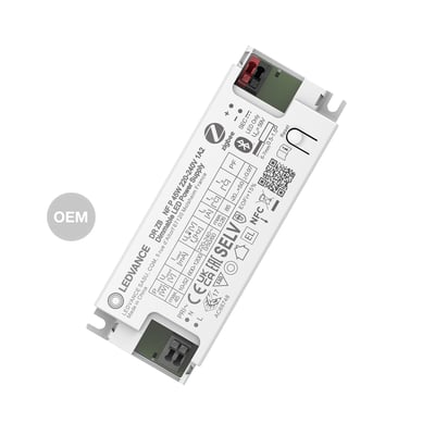 Ledvance LED-driver Performance på 45 W med Zigbee, hvid OEM-enhed set skråt med synlige tilslutninger i begge ender.