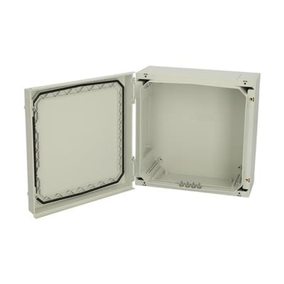 Fibox NEO PC 323215 G robust kapsling i polycarbonat med åbent gråt dæksel og hvid baggrund.