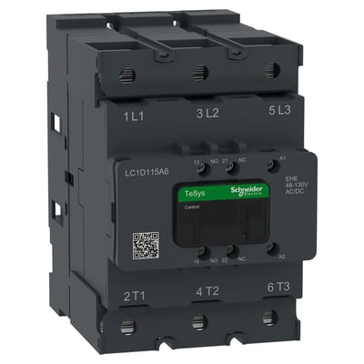 Schneider Electric TeSys Deca Advanced kontaktor, 3-polet med 115A AC3/3e rating og 48-130V AC/DC spole, vist på hvid baggrund.