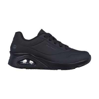 Sort Skechers Uno Work-sko i størrelse 41 set fra siden med snørebånd, perforerede detaljer og synlig luftpude i sålen.