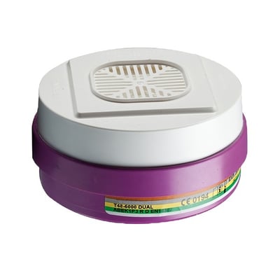 Honeywell Safety Products Sperian ABEK1P3-twin-filter til åndedrætsværn med lilla filterhus og hvidt låg, set skråt forfra.