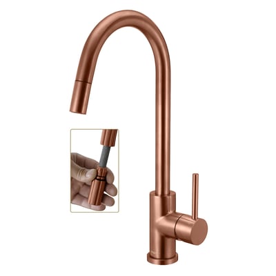 ADORA Imperia Flex U køkkenarmatur i rose gold brushed finish, vist med udtræksslange og hvid baggrund.