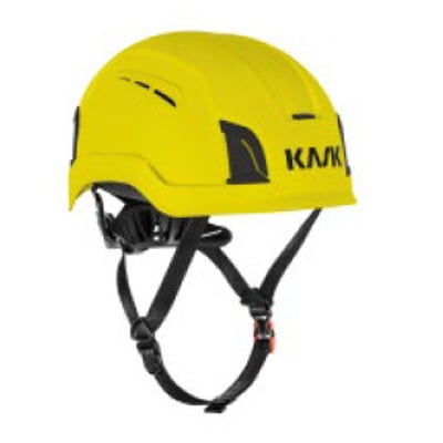 Gul Kask Zenith X Max Air-sikkerhedshjelm set skråt forfra med sort hagerem og justerbare stropper, til hovedstørrelser 60–66 cm.