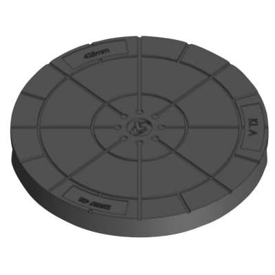 Underside af Lauridsen 425 mm dæksel med indgraveret tekst, herunder produktnummer og diameter, klar til montering.