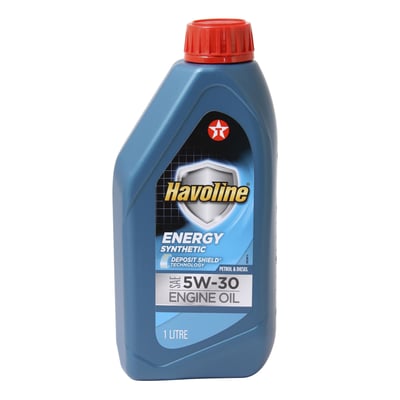 Blå 1-liters flaske med Havoline Energy 5W-30 syntetisk motorolie og rødt skruelåg, med tydeligt logo og specifikationer.