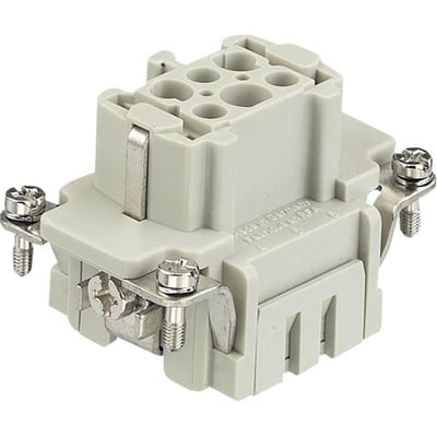 Detaljeret vinkel af Harting HAN 6 B fatningsindsatsen, der viser de 6 huller til ledninger og fjederklemmeteknologi.