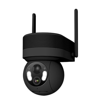 FESH Smart udendørs overvågningskamera i sort med to antenner og to lysringe, der lyser.