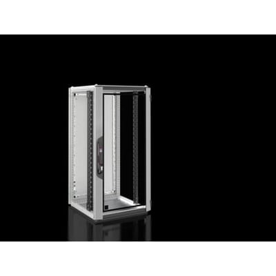 Rittal VX IT standard netværksskab, 600x1200x600 mm, 24U, med glasdør foran og åben bagside, sort baggrund.