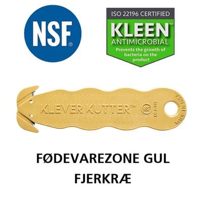 Klever NSF kniv i gul til fødevarer med certificeringer fra NSF og KLEEN Antimicrobial på hvid baggrund.
