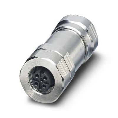 Phoenix Contact SACC-M12FS-5CON-DM 3-5 SH VA stik med 5 poler og metalhus, vist på hvid baggrund.