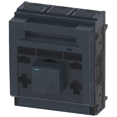 Siemens SENTRON 3NP1 sikringsafbryder, 3-polet NH3, 630 A, med boksterminal og elektronisk sikringsovervågning på mørkegrå baggrund.