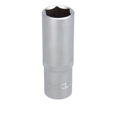 Tecos 1/2" lang 6-kant topnøgle i 19mm størrelse, fremstillet af kromvanadium stål med et synligt Tecos logo.