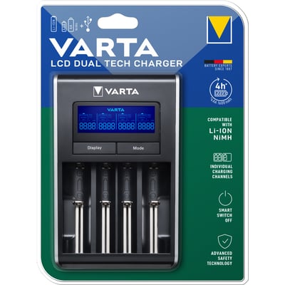 Varta LCD Dual Tech Charger oplader til Ni-MH AA/AAA og Li-Ion batterier, vist i sin emballage med tydelig produktinformation.