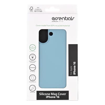 Emballagen viser et lyseblåt silikonecover med MagSafe til iPhone 16; teksten Essentials står øverst.