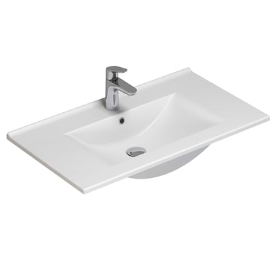 Dansani Amber porcelænsvask, 81 cm bred, med integreret hanehul og overløb, vist på hvid baggrund.