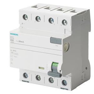 Siemens 4-polet fejlstrømsafbryder, 40A, 100mA, type A, vist let fra siden på hvid baggrund.