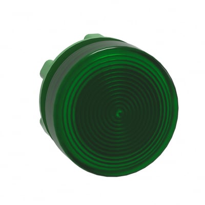 Front view af Schneider Electric grønt LED lampehoved med riflet linse, 22mm diameter, isoleret på hvid baggrund.