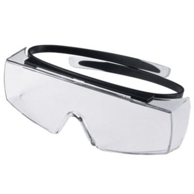 Uvex OTG sikkerhedsbrille med klar linse og sort strop, designet til at passe over styrkebriller.