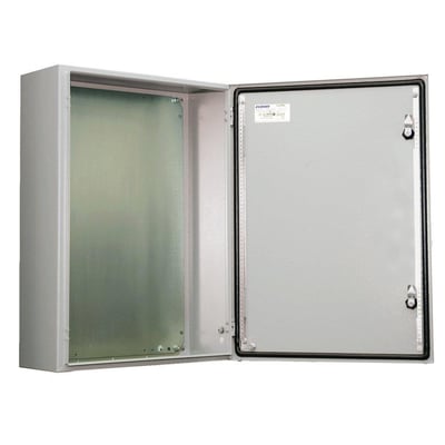 Åbent vægskab i lakeret stål, 1000x600x300 mm, viser robust konstruktion, tætningsliste og monteringsplade med måleintervaller.