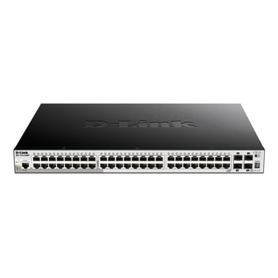 Sort D-Link DGS-1510-52XMP smart managed switch set forfra med 48 Gigabit-porte og fire SFP+-porte.