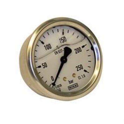 Wika hydraulik manometer med glycerinfyldning og enurskive på 63mm, vist fra siden med bagudvendt 1/4" gevindtilslutning.
