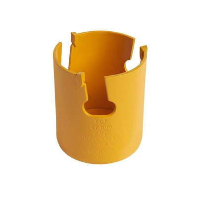 Gul Ironside universal HM-hulsav på 57 mm, set skråt forfra med skær og åbning synlige.