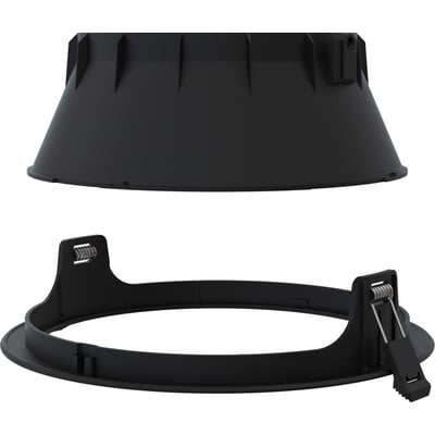Ansell Lighting Comfort DL indbygningsspot tilbehør, sort reflektor og monteringsring med fjedermekanismer på hvid baggrund.