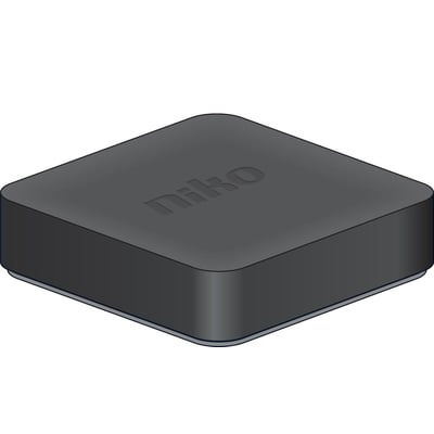 Illustration af en sort Niko Home Control trådløs smart-hub, der viser dens firkantede form med afrundede kanter.
