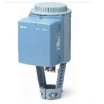 Siemens SKD62UA elektrohydraulisk ventil aktuator med 1000 N, 20 mm slag og 24V AC drift, monteret på en ventilarm.