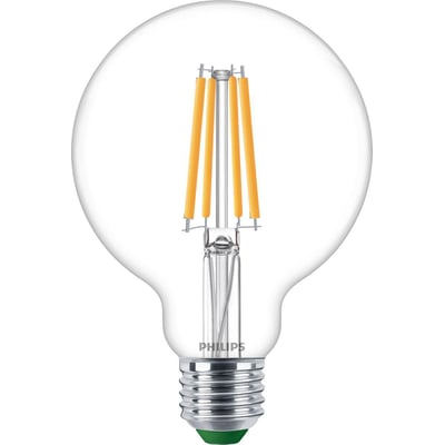 Philips Lighting klar standard LED-pære med E27 sokkel, 4W og 840lm. Pærens indre viser fire gule LED-filamenter.