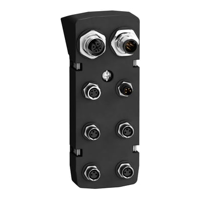 Schneider Electric LXM32I I/O modul med 4 logiske input og M8 konnektorer, samt 2 M12 konnektorer til busforbindelse.