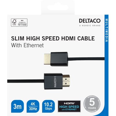 Deltaco sort, ultratyndt HDMI-kabel på 3 meter vist på emballagen med HDMI-stik i begge ender.