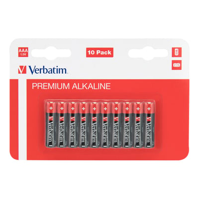 Verbatim AAA alkaline batterier 10 stk pakke med sort design og rød baggrund, 1.5V.