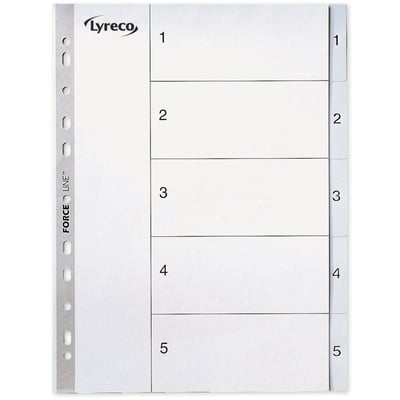 Lyreco A4 register med 1-5 faner i grå PP-plast med Force-Line hulforstærkning.