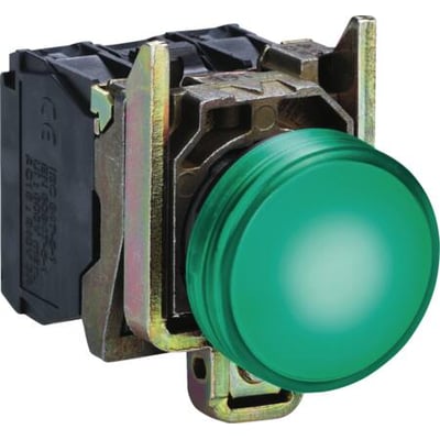 Schneider Electric Harmony XB4 grøn signallampe med LED, 24VAC/DC, med synlig monteringsbeslag og kontaktblok.