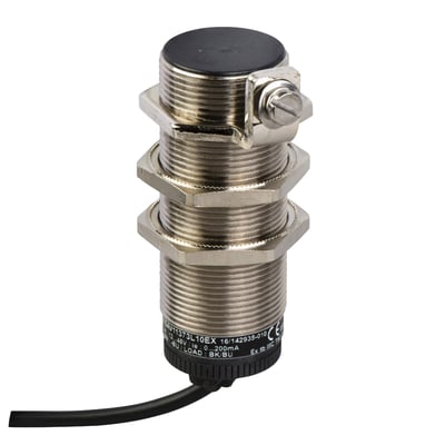 Schneider Electric M30 omdrejningsvagt i metal med sort top, ATEX-godkendt og 2-leder kabel, vist på hvid baggrund.