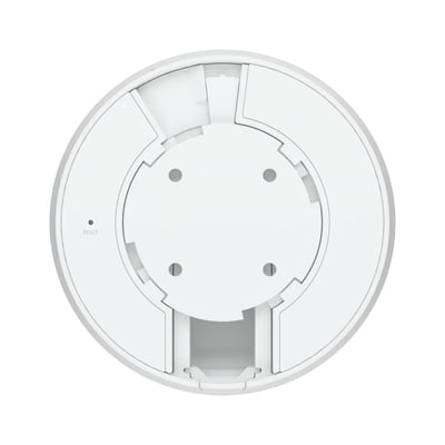 Undersiden af Ubiquiti UniFi Protect G5 Dome kameraet, viser monteringspunkter og reset-knap.