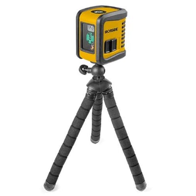 Ironside mini-krydslaser med grøn laser, gul og grå krop samt fleksibelt stativ og rækkevidde op til 15 meter.