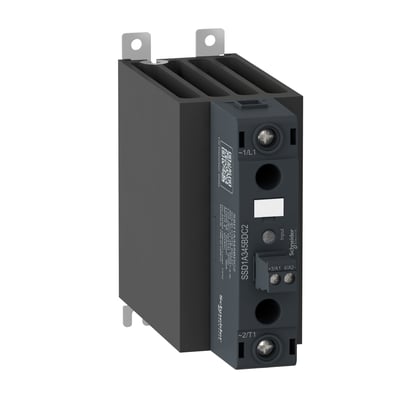 Nærbillede af Schneider Electric solid state relæet, der viser tilslutningsklemmer, mærkning og grøn status LED.