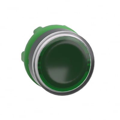 Isoleret grøn trykknap fra Schneider Electric med blank sølvring, vist fra siden på hvid baggrund.