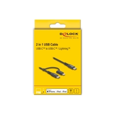 Delock 2-i-1 USB-C til USB-C/Lightning kabel, 1 meter sort, vist på gul emballage med produktillustration.