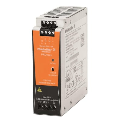 Weidmüller PROmax strømforsyning 120W, 24VDC, 5A set fra siden med produktinformation og CE-mærker.
