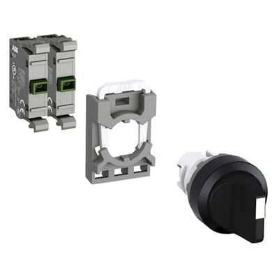 ABB drejeomskifter M3SS2-40B-20 komponenter med grå kontaktblok, monteringsramme og sort drejeknap.