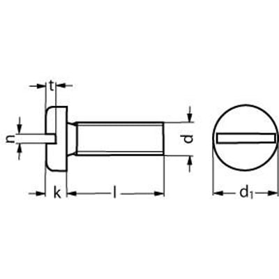 Teknisk tegning af M4x30 A2 maskinskrue i rustfrit stål med pan hoved og lige kærv, viser dimensioner.