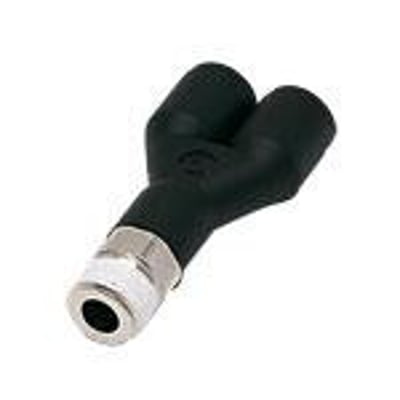 Parker Y-stykke 10mm R1/4 3148 i sort teknisk polymer med BSPT gevind, viser to 10mm udgange og en R1/4 indgang.