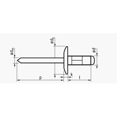 Teknisk tegning af blindnitte 4,8x18 mm med ekstra stort hoved og dimensioner angivet.