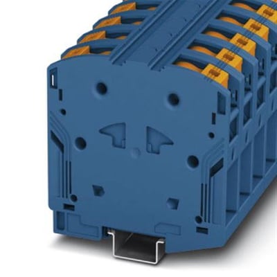 Detaljebillede af den blå Phoenix Contact PTPOWER stærkstrømsklemme, 95mm², der viser den samlede række af klemmer og deres funktionelle design.